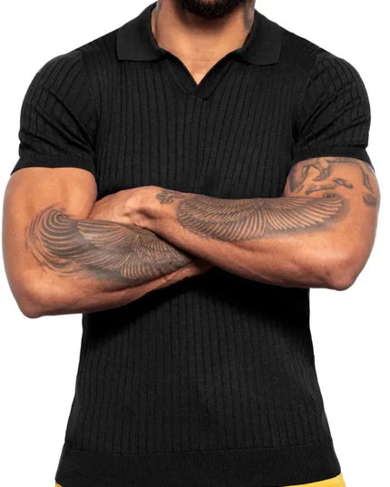 Ribbed Knit Polo - Black-Clothing - Men-Eight X-Urbanheer