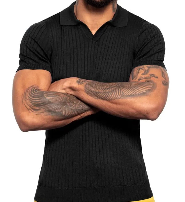 Ribbed Knit Polo - Black-Clothing - Men-Eight X-Urbanheer