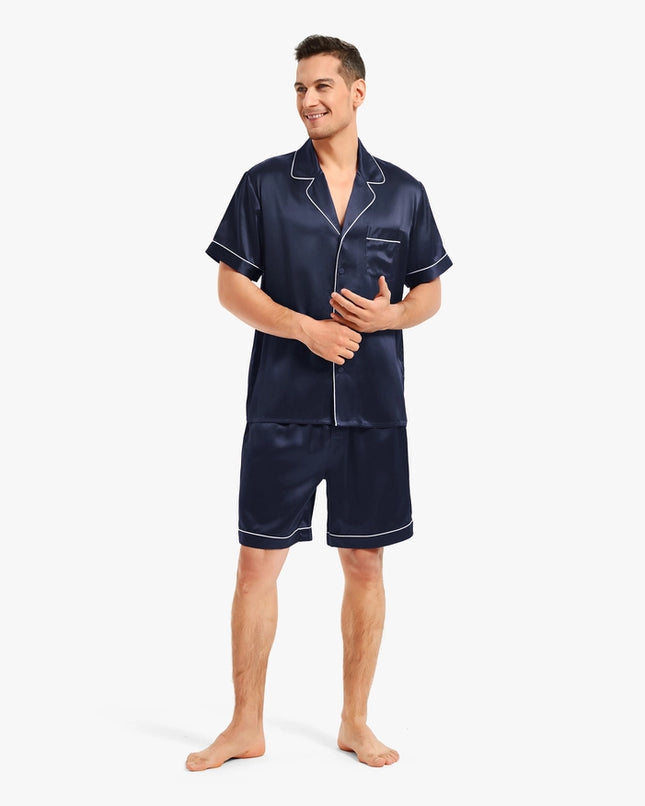 Piped Silk Short Pajamas Navy Blue-Sets-MommeSilk-Urbanheer