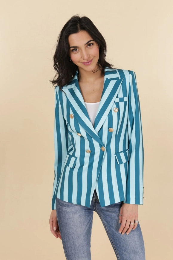 Striped Blazer Jacket Blue-Jacket-Attentif Paris-S-Urbanheer