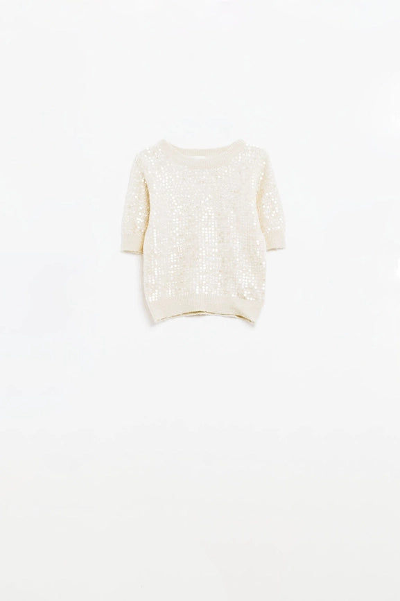 Cream Short Sleeve Sequin Sweater