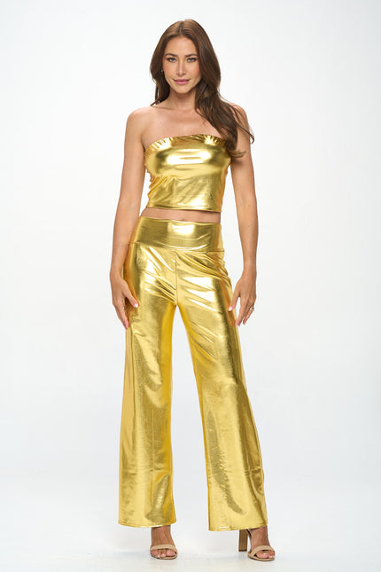 Metallic Tube Crop Top With Elastic Band-Renee C.-Urbanheer