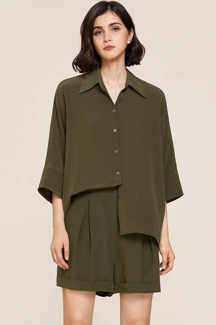 Weekend Oversize Silk Co-Ord Set Olive Green-Sets-MommeSilk-Urbanheer