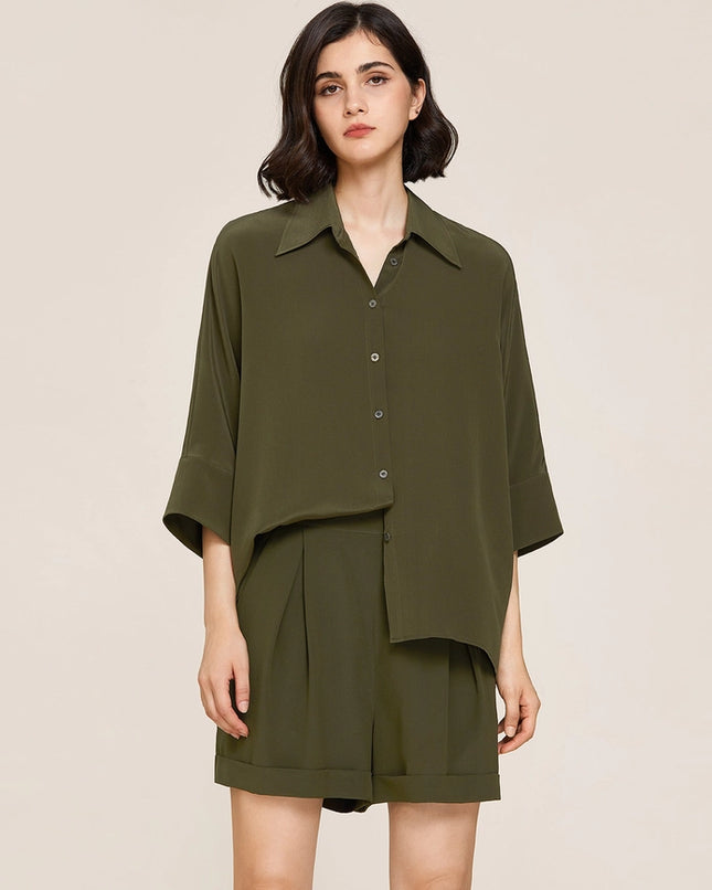 Weekend Oversize Silk Co-Ord Set Olive Green-Sets-MommeSilk-Urbanheer