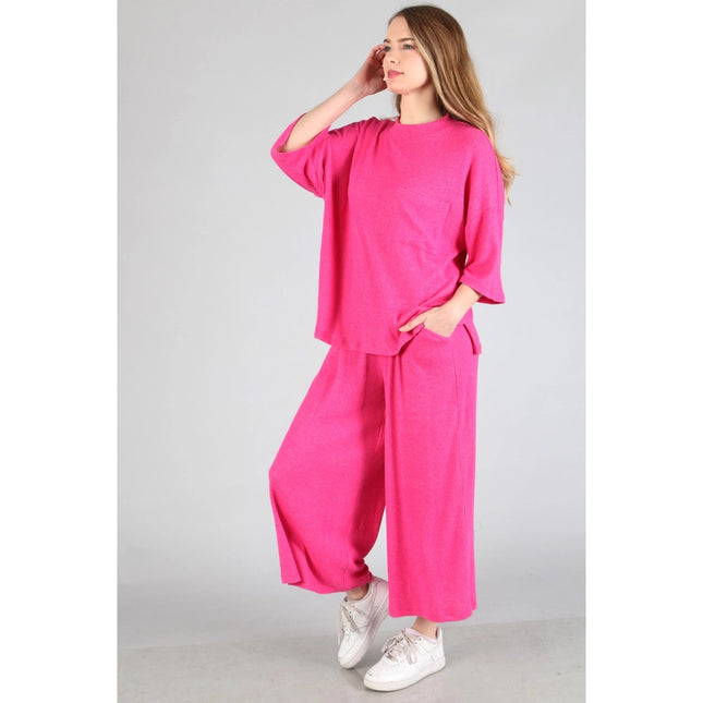 Brushed Wide Leg Pants Hot Pink-Pants-Peace Love Line-Urbanheer