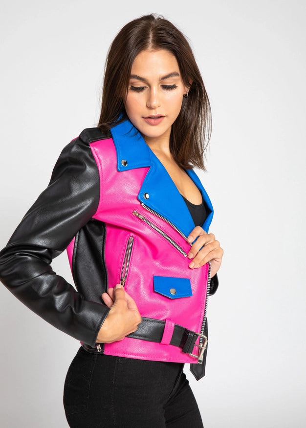 Women'S Block Print Faux Leather Jacket - Pink/Blue-Jacket-Fadcloset-Urbanheer