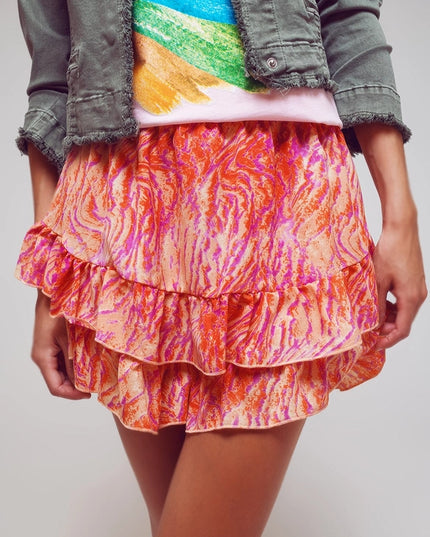 Shorts with Frilly Hem in Abstract Zebra Print in Orange-Shorts-Q2-S-Urbanheer