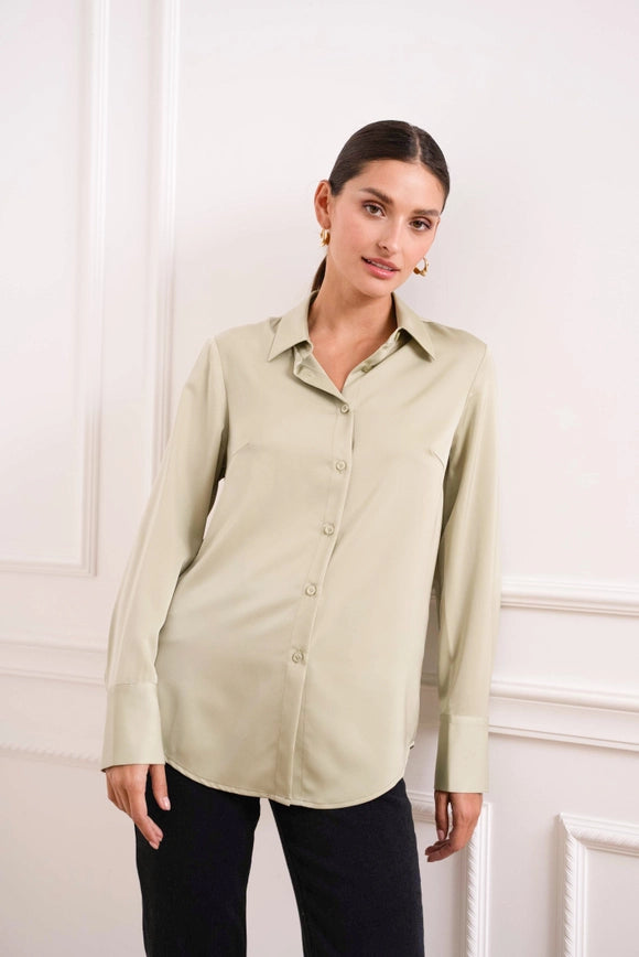 Plain Satin Shirt with Lapel Collar Water Green-SHIRT-Attentif Paris-Urbanheer