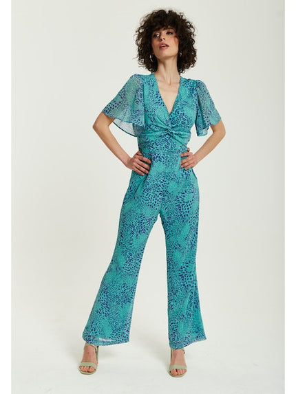 Liquorish Blue Animal Print Knot Front Jumpsuit-Liquorish-Urbanheer