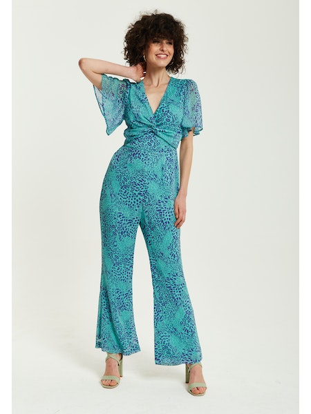 Liquorish Blue Animal Print Knot Front Jumpsuit-Liquorish-Urbanheer