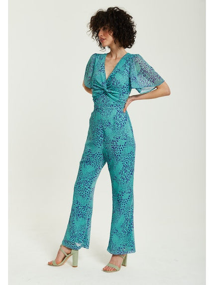 Liquorish Blue Animal Print Knot Front Jumpsuit-Liquorish-Urbanheer