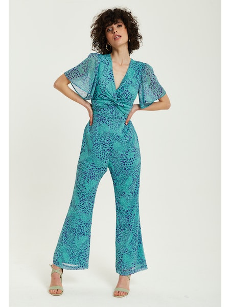 Liquorish Blue Animal Print Knot Front Jumpsuit-Liquorish-Urbanheer