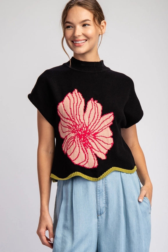 Flower Stitch Sweater Top BLACK