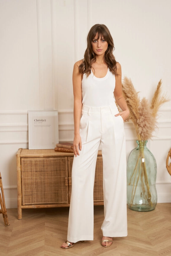 Wide-Cut Plain Pants with Double Breasted White-Pants-Attentif Paris-S-Urbanheer