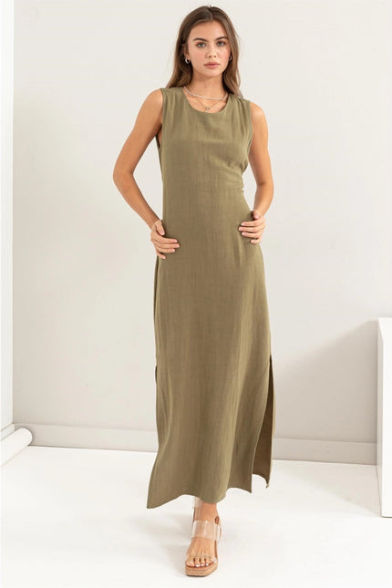 D-LINEN Blended Tie Waist Dress OLIVE-Dress-HYFVE-Urbanheer