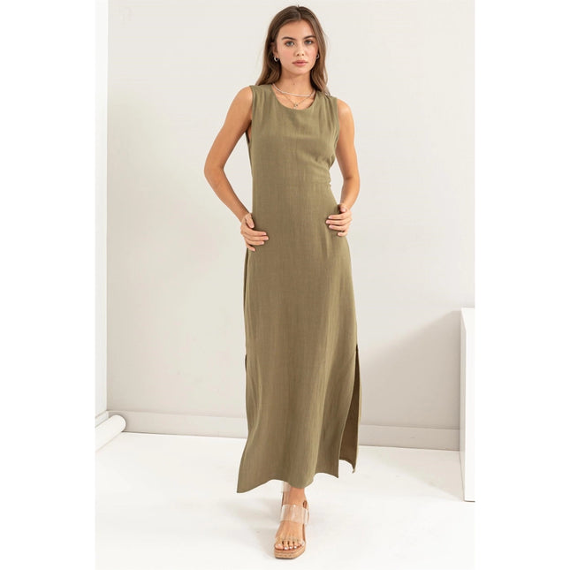 D-LINEN Blended Tie Waist Dress OLIVE-Dress-HYFVE-Urbanheer