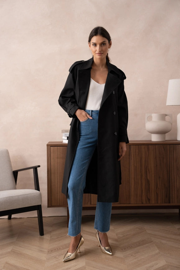 Long Trench Coat with Belt Black-COAT-Attentif Paris-Urbanheer