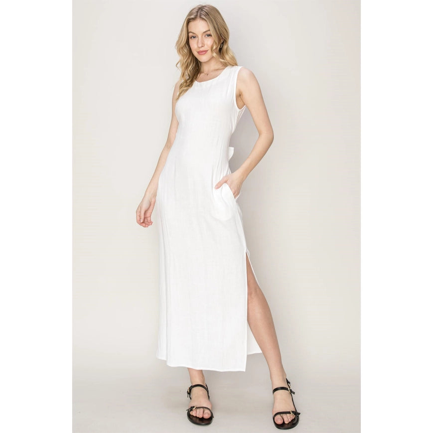 D-LINEN Blended Tie Waist Dress OFF WHITE-Dress-HYFVE-Urbanheer