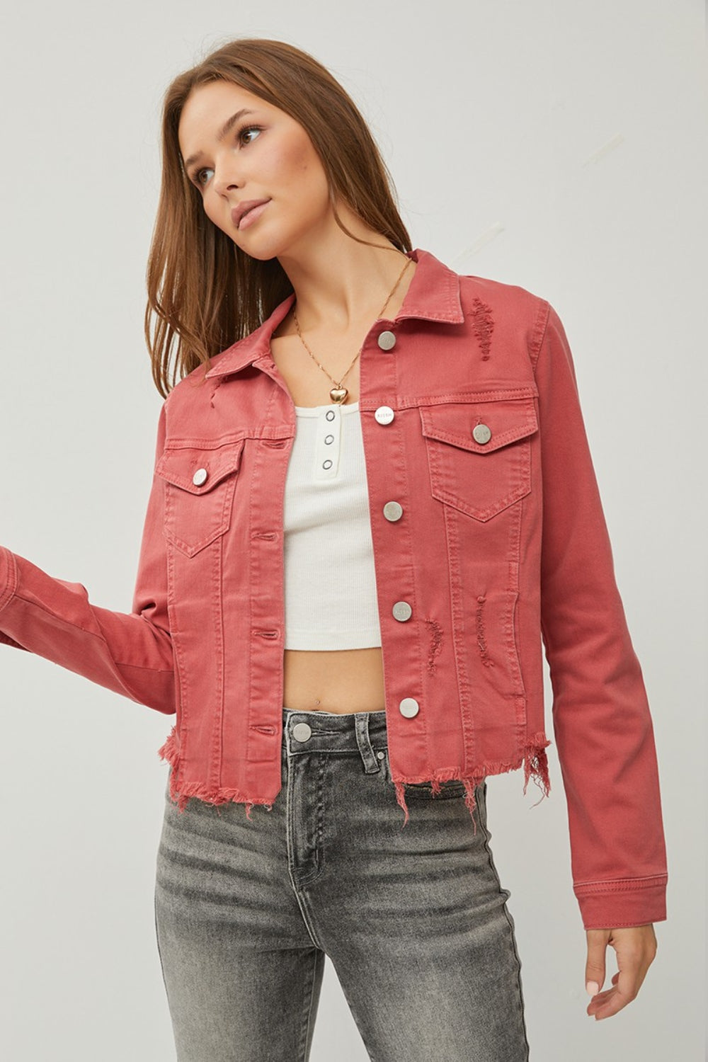 RISEN Raw Hem Button Up Cropped Denim Jacket-UHX-Urbanheer