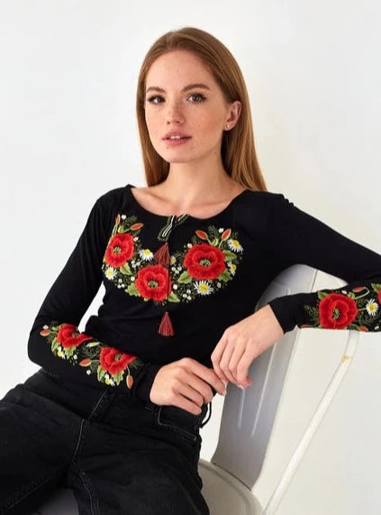 Embroidered Sweater Crimson Poppies Black-Clothing - Women-Handmade Originals Ukraine-S-Urbanheer