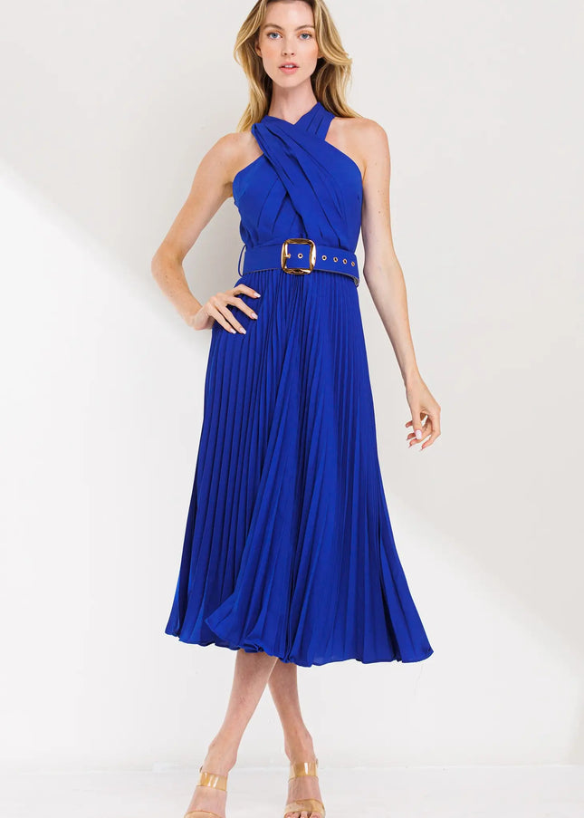 Cross Over Pleats Midi Dress- Blue-Clothing - Women-Neon Blush-Urbanheer