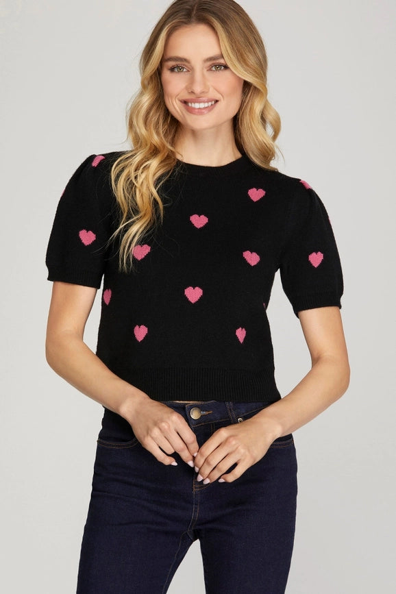 Short Puff Sleeve Heart Pattern Sweater Top