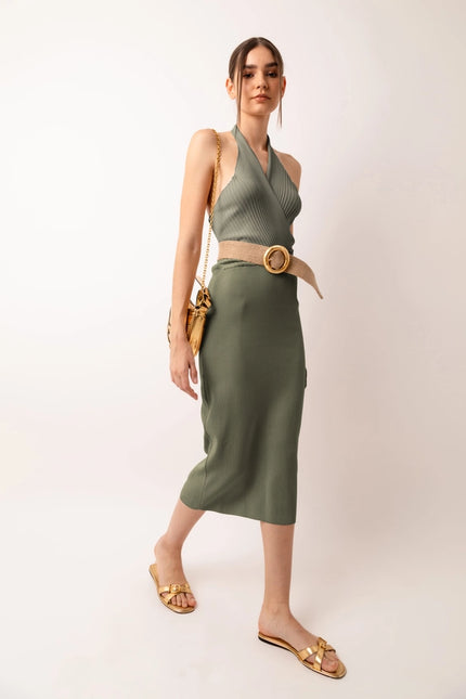 Marrakech Knit Fitted Halter Neck Midi Dress Green-Dress-Amy Lynn-Urbanheer