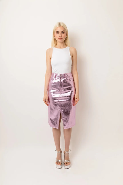 Lupe High Waist Metallic Knee Length Skirt Pink-Skirts-Amy Lynn-Urbanheer