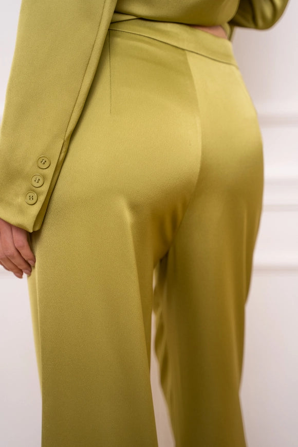 Satin Straight Cut Pants Olive-Pants-Attentif Paris-Urbanheer