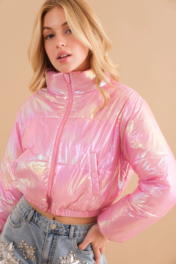 Windbreaker Metallic Puffer Crop Zip Up Jacket Pink-Jacket-Blue B-S-Urbanheer