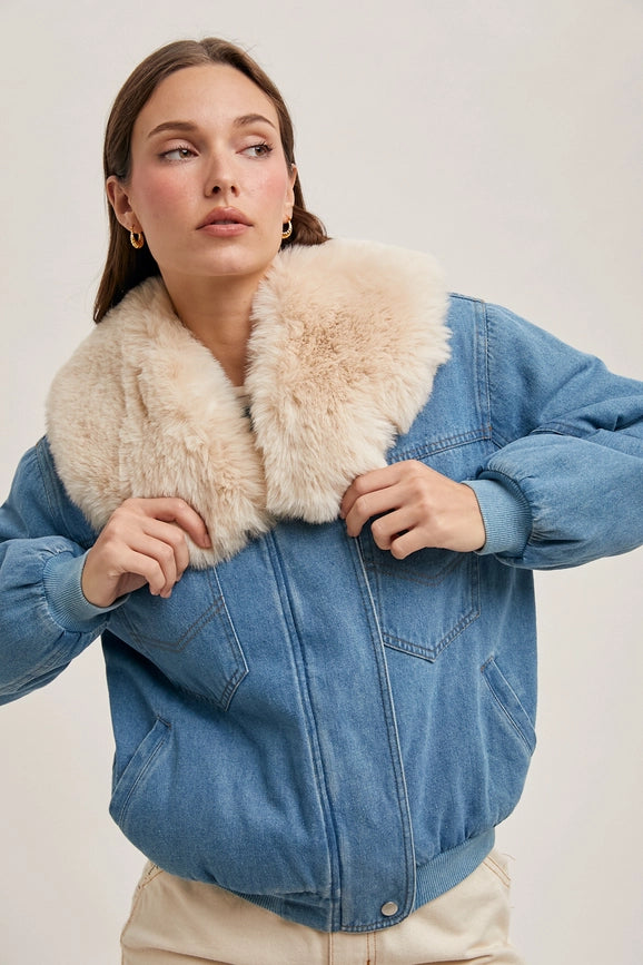 Faux Fur Detachble Denim Jacket