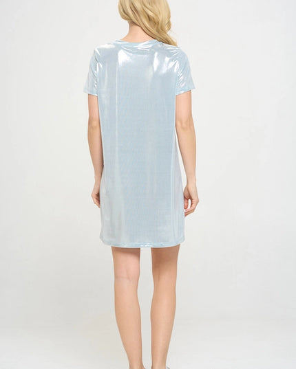 Made in USA Metallic Short Sleeve Dress Blue-Dress-Renee C.-Urbanheer