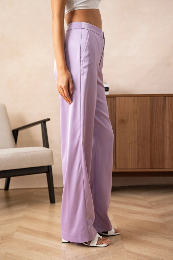 Satin Straight Cut Pants Lilac-Pants-Attentif Paris-Urbanheer