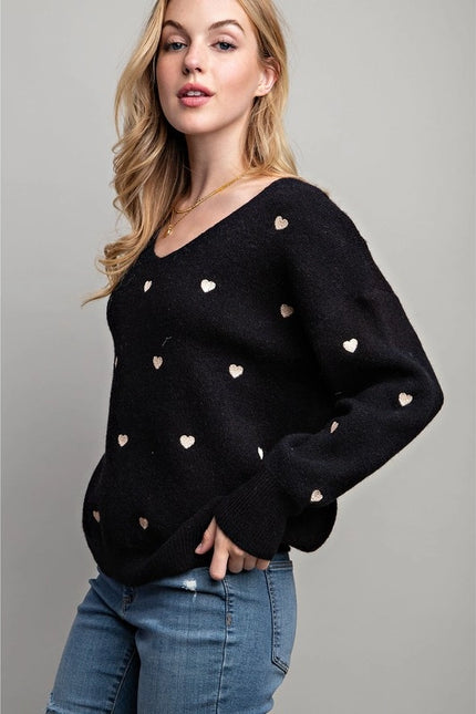 Plus Size Heart Pattern Boxy Knit Pullover Sweater Black-SWEATER-Pink Irene Wholesale-Urbanheer