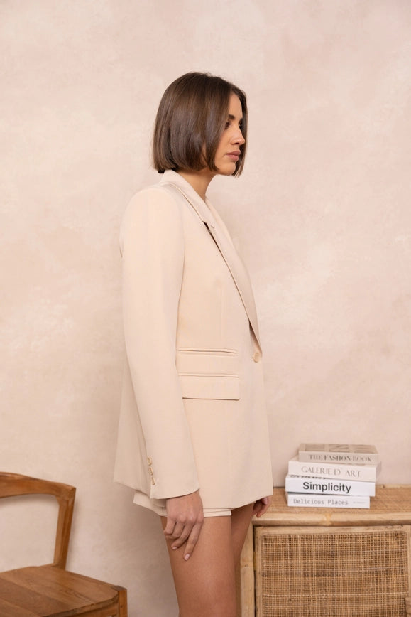 Signature Asymmetric Mid-Length Double-Breasted Plain Jacket Beige-Jacket-Attentif Paris-Urbanheer