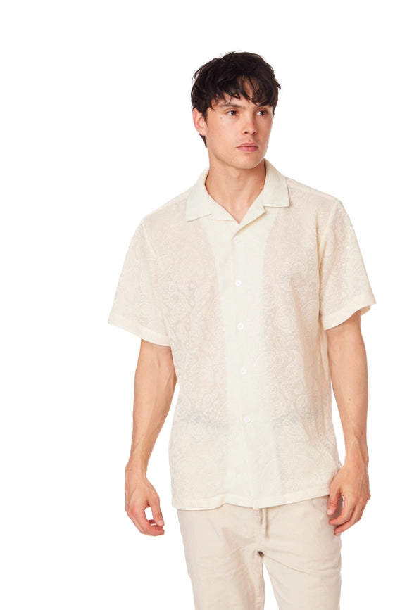 Crochet/Textured Short Sleeve Men's Shirt CREAM