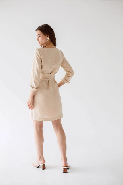 Wrap Linen Belted Beige Bridesmaid Dress For Women Mini-Dress-Nich Linen-Urbanheer