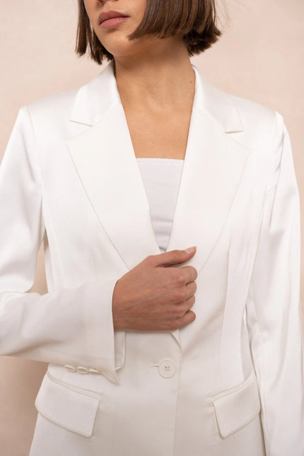 Satin Plain Fitted Jacket White-Jacket-Attentif Paris-Urbanheer