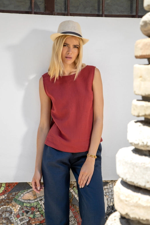 Madrid Linen Sleeveless Top with Open Back with Straps