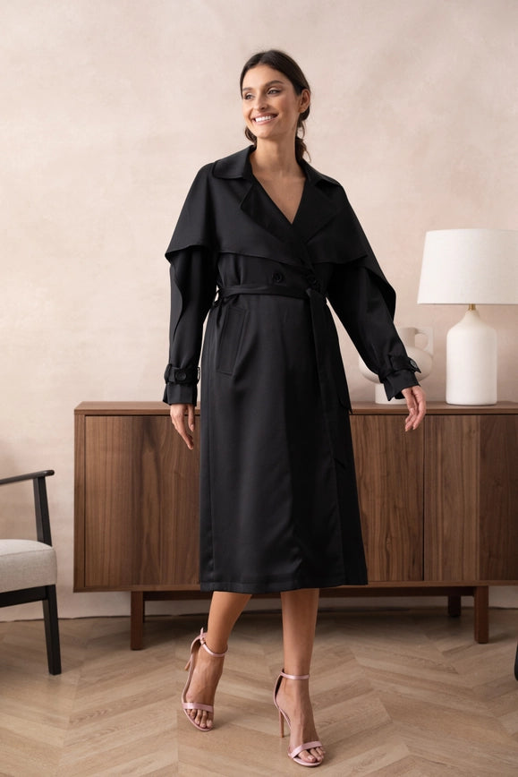 Long Satin Trench Coat with Belt Black-COAT-Attentif Paris-S-Urbanheer