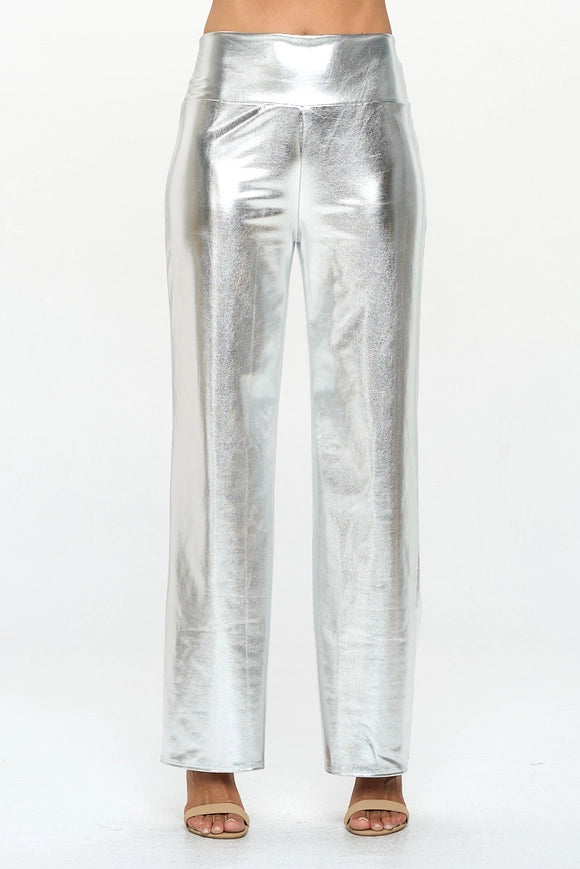 Made in USA Metallic Wide Leg Pants with Thick Waistband SILVER-Pants-Renee C.-Urbanheer