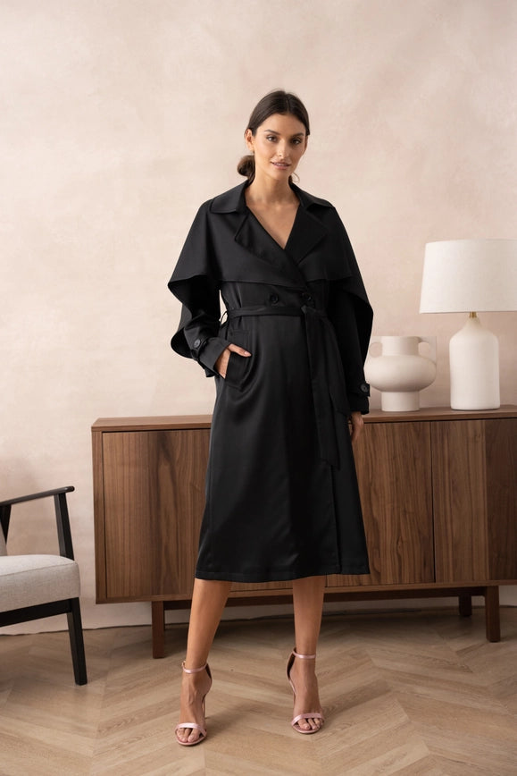 Long Satin Trench Coat with Belt Black-COAT-Attentif Paris-Urbanheer