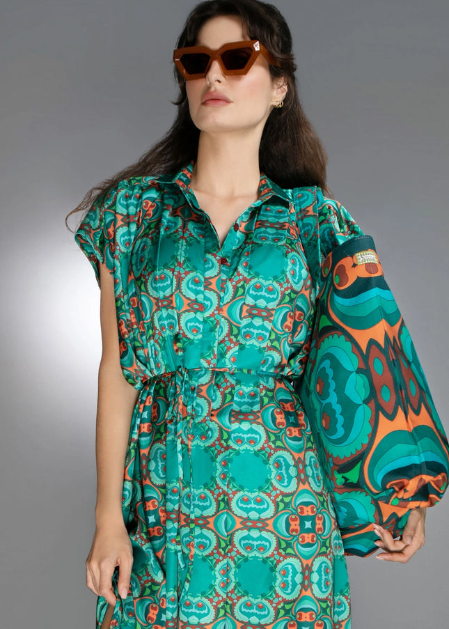 Teal/Orange Modern Relaxed Fit Satin Spread Collar Dress-Nuvula-Urbanheer