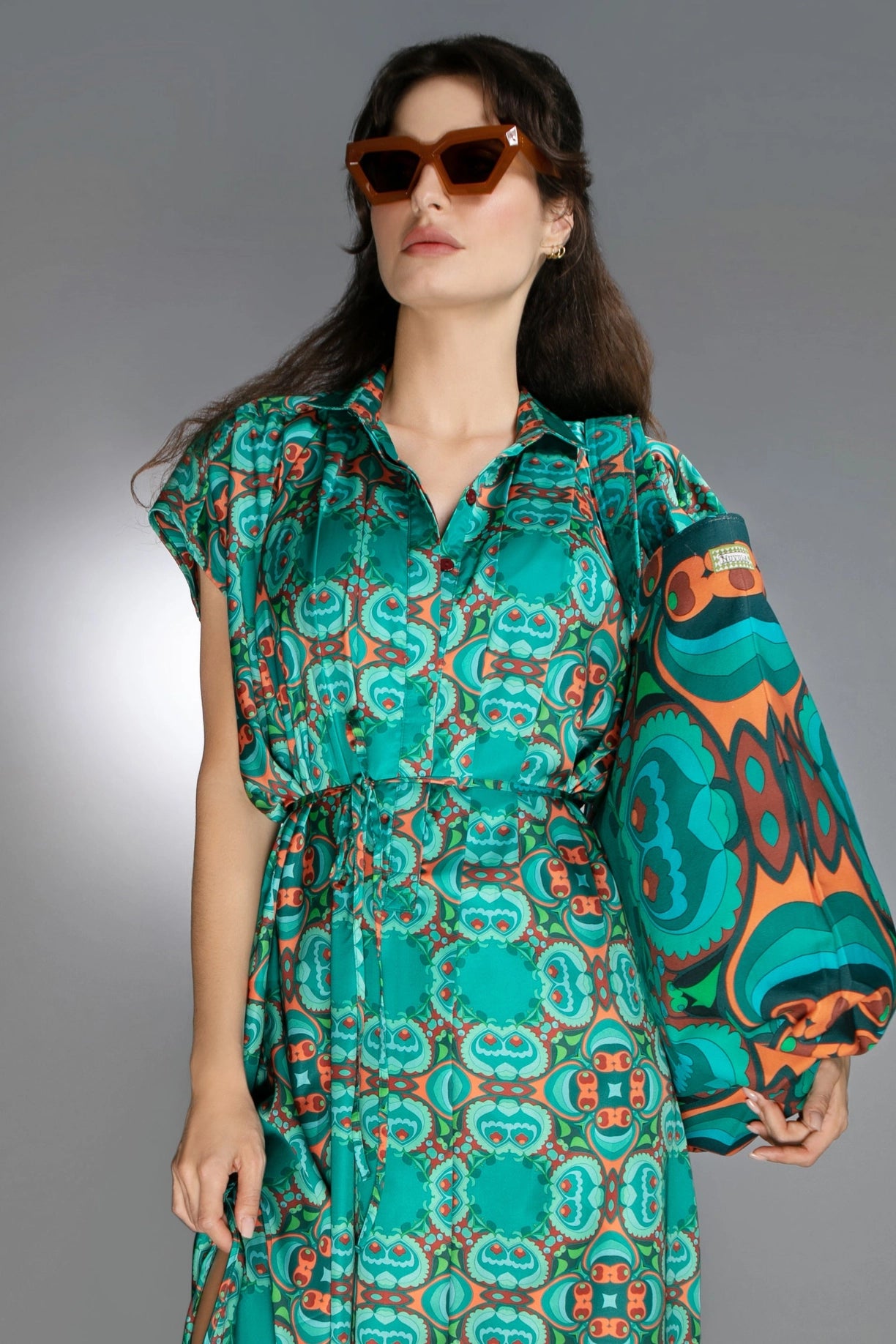 Teal/Orange Modern Relaxed Fit Satin Spread Collar Dress-Nuvula-Urbanheer