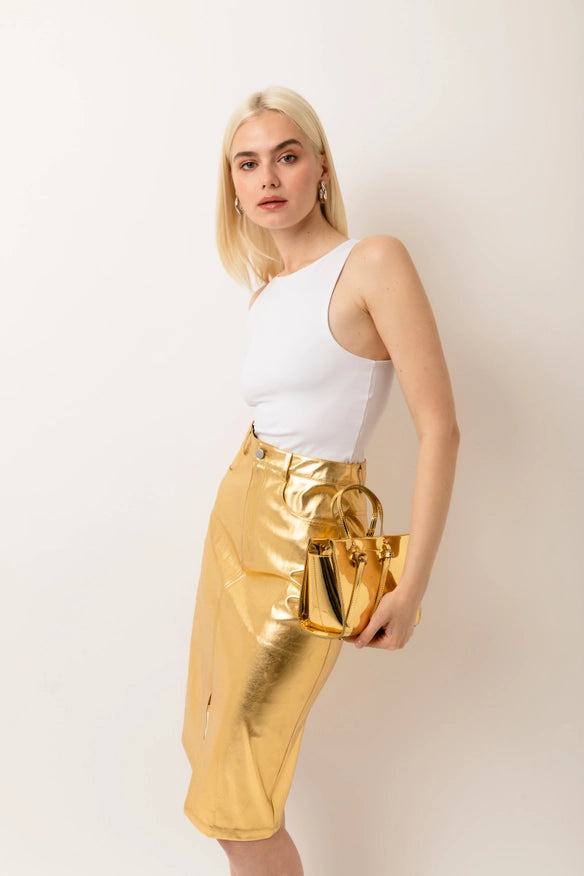 Lupe High Waist Metallic Knee Length Skirt Gold-Skirts-Amy Lynn-S-Urbanheer