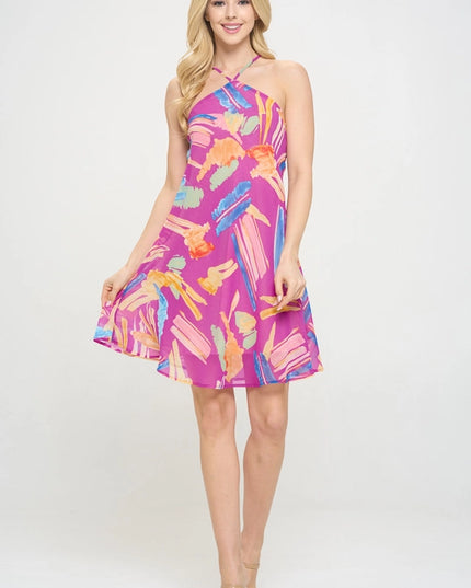 Print Halter Neck Swing Dress Magenta-Dress-Renee C.-Urbanheer