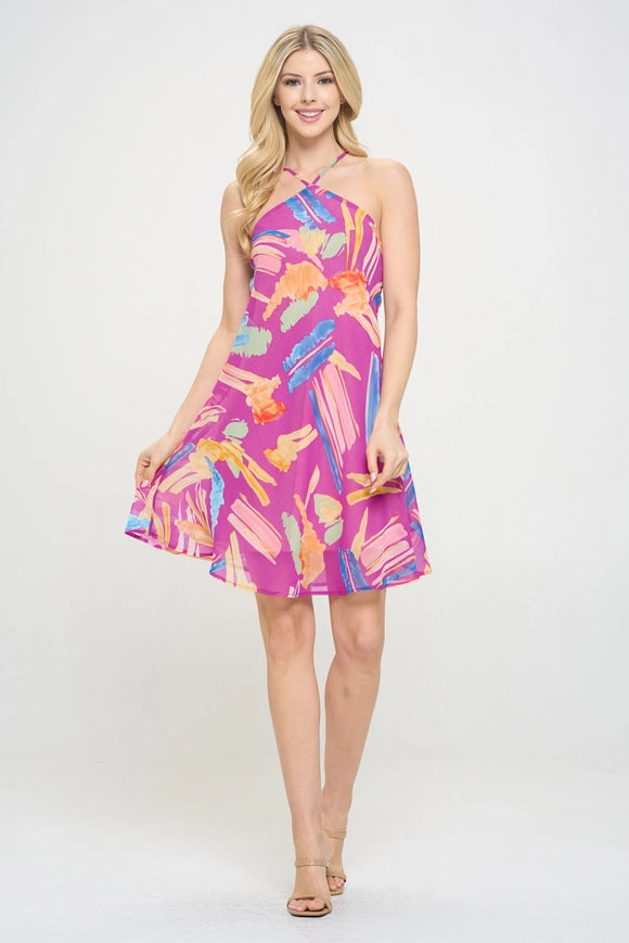 Print Halter Neck Swing Dress Magenta-Dress-Renee C.-Urbanheer