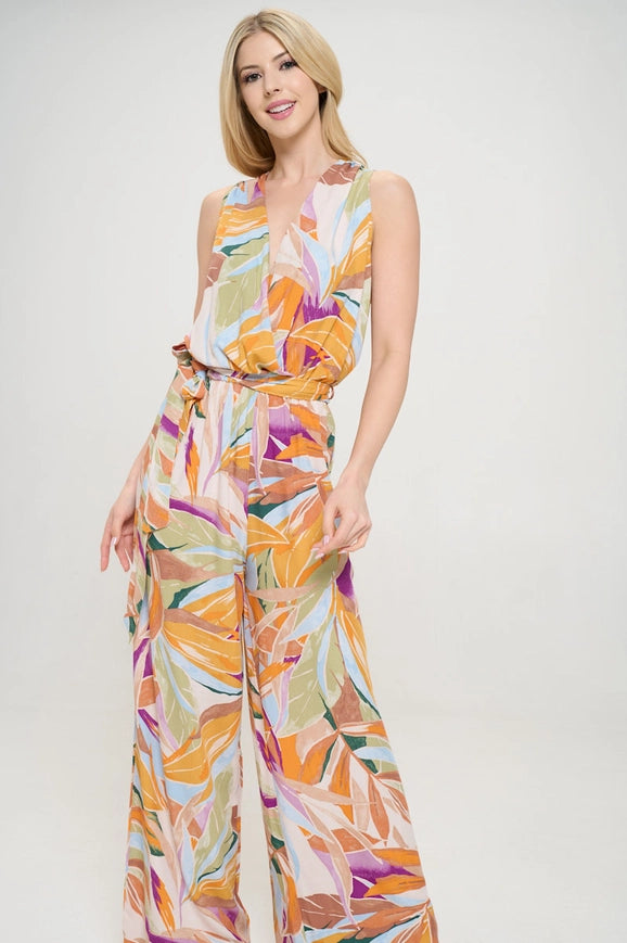 Made in USA Print V Neck Sleeveless Jumpsuit with Tie Coral-Jumpsuit-Renee C.-Urbanheer