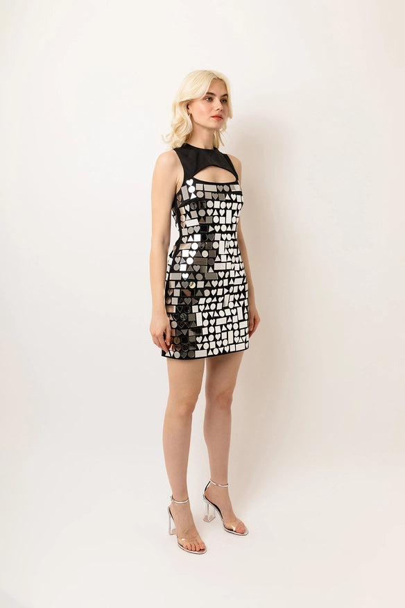 Geo Disc Embellishment Stretch Satin Mini Dress-Dress-Amy Lynn-Urbanheer