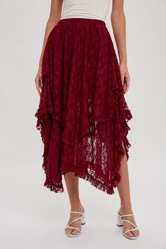 Lace Tier Midi Skirt BURGUNDY